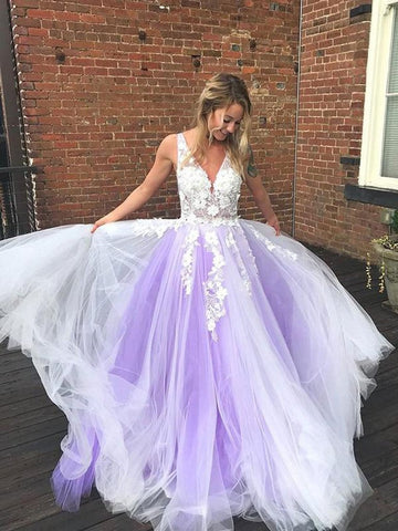 Yellow v neck tulle lace long prom dress yellow tulle lace formal dress HZ1023